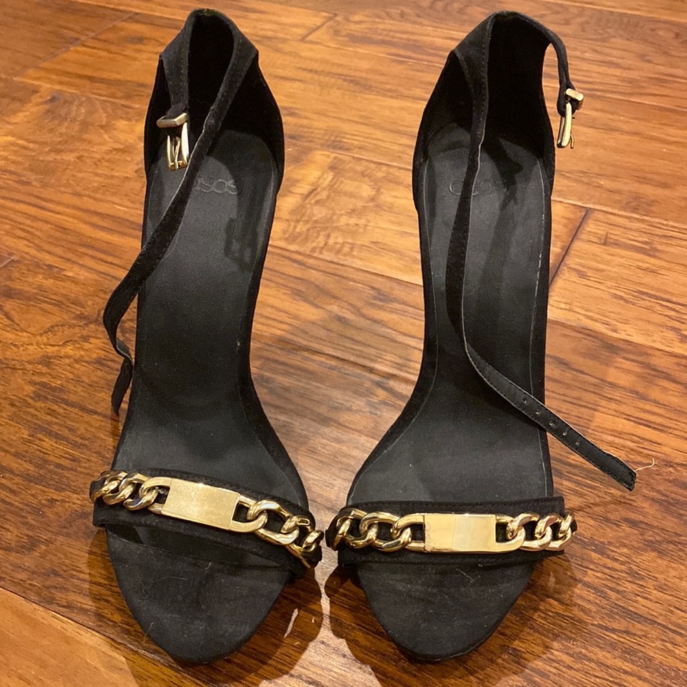 ASOS black heels with gold chain strap